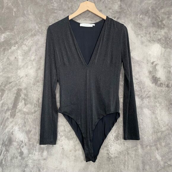 ASTR The Label Womens Long Sleeve Bodysuit Size M Black Sparkly Deep Vneck Sexy - Picture 1 of 8